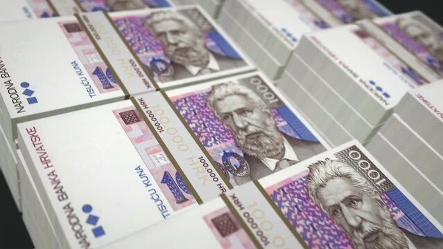 Croatia Kuna money pack loop 3d animation. Loopable seamless concept of finance, cash, economy, business and bank. Camera moving over the 1000 HRK banknote bundle stacks.