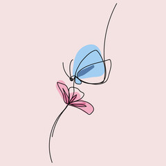 continuous line art butterfly on flower love vector with pastel vintage background