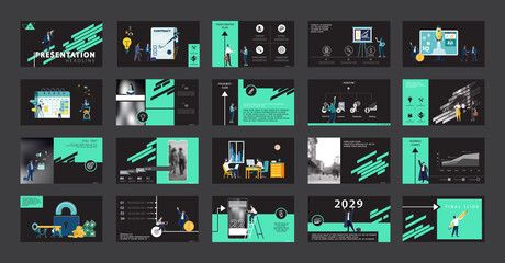 Business presentation, powerpoint, launch of a new business project. Infographic design template, green elements, black background, set. A team of people creates a business, teamwork. Mobile app, web - obrazy, fototapety, plakaty
