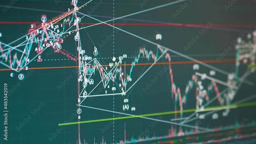 Poster Candlestick Chart Movement Cryptocurrency on Monitor Screen PC. Stock Exchange. A trader analyzes a graph of cryptocurrency on a notebook, drives cursor on a grid diagram. Trading. Stock market.