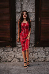 Naklejka premium attractive brunette girl with a sexy figure poses on a beautiful ancient European street with paving stones
