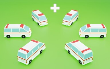 3DCG　白十字の下に集まる救急車　救急医療体制のイメージ