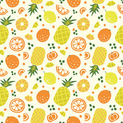 Seamless background with pineapple, oranges and hearts.