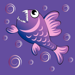 predatory evil piranha fish. Fabulous underwater world. Styling, cartoon style