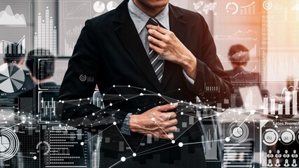 Big Data Technology for Business Finance Analytic conceptual . Modern graphic interface shows massive information of business sale report, profit chart and stock market trends analysis .