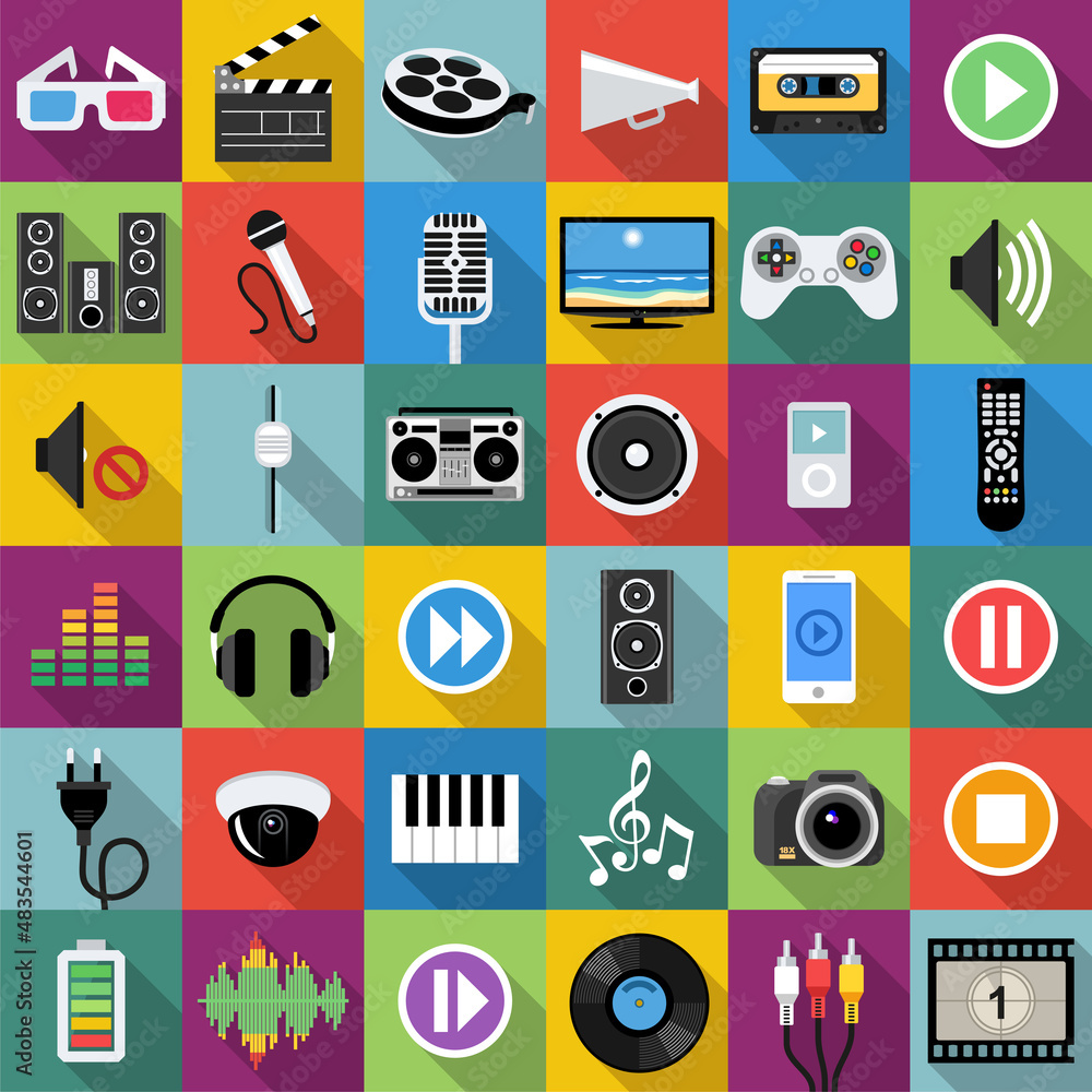 Poster set of multimedia icons in flat design with long shadows