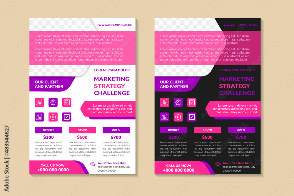 Poster vertical flyer design template for marketing strategy challenge. hexagon shape for space for photo. 