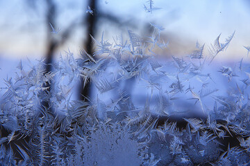 frost patterns on window glass, abstract background winter rime snow