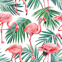 Flamingo. Tropics Seamless pattern with leaves. watercolor illustration