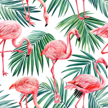 Flamingo. Tropics Seamless pattern with leaves. watercolor illustration © Hanna