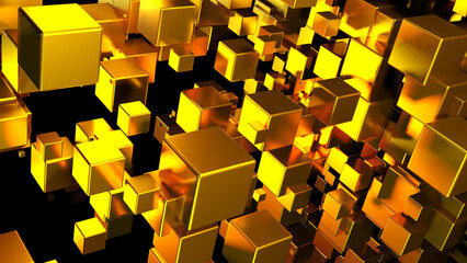 Fototapeta na wymiar Abstract background 3D, many gold cubes with neon golden glow on black interesting science technology background, 3D render illustration.