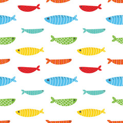 Naklejka premium Cute colorful fishes, sea life vector seamless pattern background. 