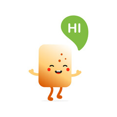 Cute and happy cartoon style golden brown toasted marshmallow character with speech bubble saying hi, hello.