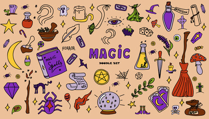 Magic hand drawn doodle set. Vector icons of magic items. Collection halloween elements. Magic broom, potions, fortune-telling cards, runes, books, magic wand, hourglass