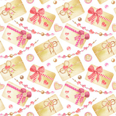 Watercolor seamless pattern of Valentine’s day. Symbols of Valentine's Day: hearts, valentines, gifts, garland, love. Hand drawn watercolor pattern on a white background.