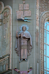 Relief with the image of St. Prince Dmitry of Moscow - the winner of the Tatar Khan Mamai on the facade of the temple of the Armed Forces of Russia. The Author Of The Relief Dashi Namdakov. Moscow, Ru