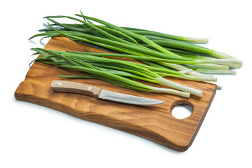 Stack Of Green Onions And Kitchen Knife On Wooden Chopping Board Isolated