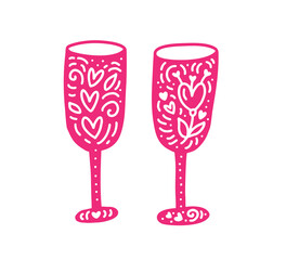 Scandinavian cute hand drawn two glasses with hearts in hygge style. flourish vector element for valentine day, wedding, romantic love greeting card, holiday