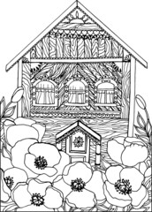 Coloring book for children and adults with a rustic wooden house and poppies flowers