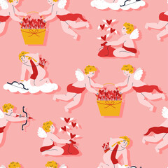 seamless pattern with angels on the clouds. cupids with wings and hearts. flat illustration isolated on white background.