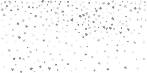 Silver star confetti. Falling stars on a white background. Illustration of flying shining stars. Decorative element. Suitable for your design, postcards, invitations, gift, vip.
