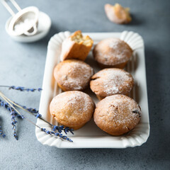 Homemade lavender muffins with icing sugar