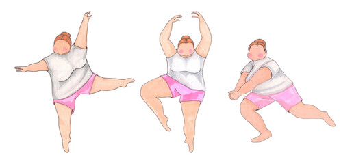 A set of happy plus-size girls makes a complete split. The positive concept of a happy body.