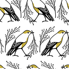 Vector seamless pattern with hand drawn cute golden-breast birds with black tree twigs made with ink. Beautiful animal and Christmas design elements. Perfect for prints and patterns