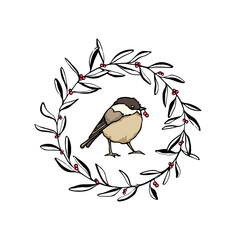 Vector card with hand drawn cute Willow Tit in red berries wreath. Ink drawing, beautiful animal design elements. Logo template