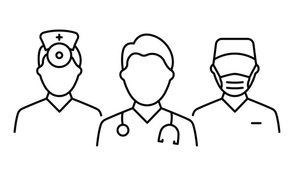 Team of Medic Professional Doctors Line Icon. Male Physicians Specialist, Otolaryngologist and Surgeon Linear Pictogram. Assistants and Nurse Outline Icon. Isolated Vector Illustration
