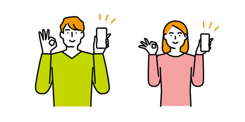 笑顔でスマートフォンを持つ男性と女性