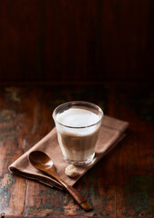 Coffee with milk on wooden background. Soft focus. Copy space.	