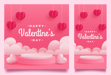 Happy valentines day with podium and romantic valentine decorationd or elements background template