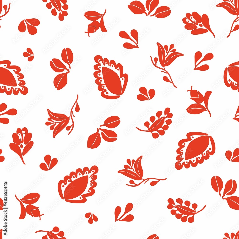 Poster tile vector pattern with red seamless floral and leaves print on a white background