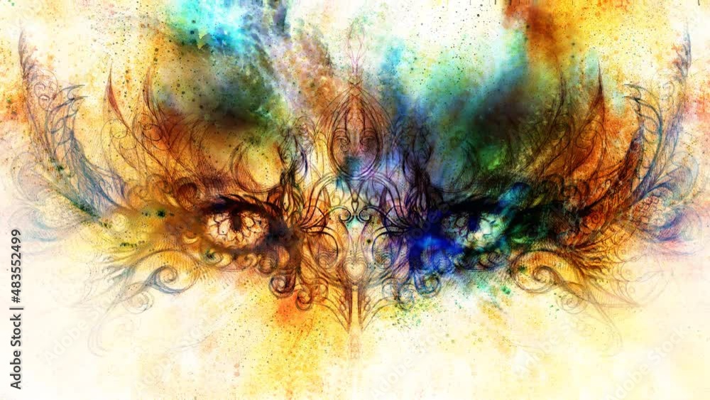 Poster mystic eye and beautiful ornamental in cosmic space.. original hand draw and computer collage.