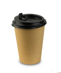 Disposable brown glass with plastic lid isolated on white background. Disposable tableware for camping and picnic. Recyclable, eco tableware.