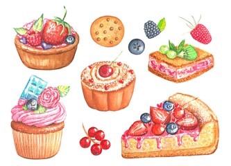 Watercolor set with sweets, cakes, berries.Original hand drawn illustration.
