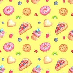 Watercolor seamless pattern with sweets , cupcakes , ice cream, donuts , cookies , berries