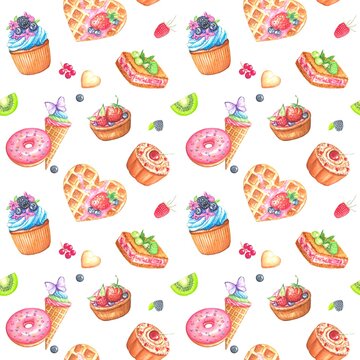 Watercolor seamless pattern with sweets , cupcakes , ice cream, donuts , cookies , berries