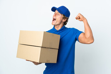 Delivery man over isolated white background celebrating a victory