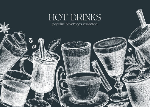 Vintage banner with hot drinks and ingredients. Hand-sketched tea, mulled wine, coffee, hot chocolate drawings on chalkboard. Popular beverage glasses, mugs, cups background.