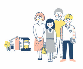 家の前で立っている4人家族