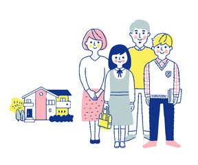 家の前で立っている4人家族