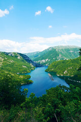 Aerial view of famous Piva canyon and oyster farms in the water. Famous Montenegro places