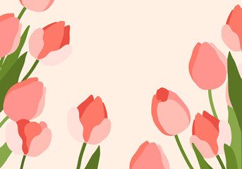 Background with red tulips and place for text. Frame with vector flowers. Festive template with tulips.