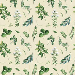 Watercolor Greenery seamless texture with fern,herb,leaves,branches. Perfect for wallpapers, print, cover and packaging design, textile and more	