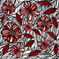 Graphic red-white flowers seamless pattern. Vector illustration