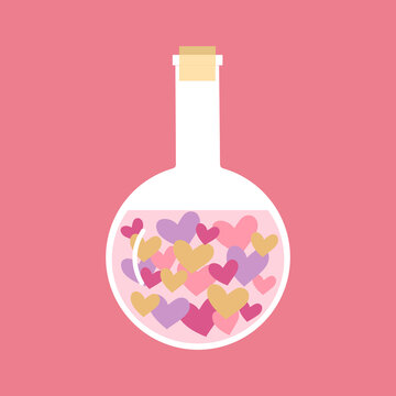Love chemistry, love reaction in flat design on pink background. Hearts in the bottle. Valentine’s Day concept. Design for greeting card, poster, banner.