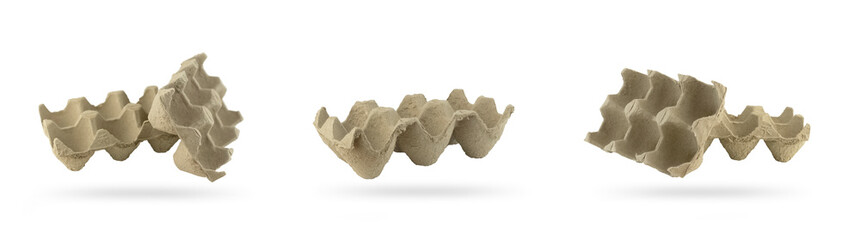 Packaging for chicken eggs at different angles isolated on a white background. Cardboard, eco-friendly egg cassettes.
