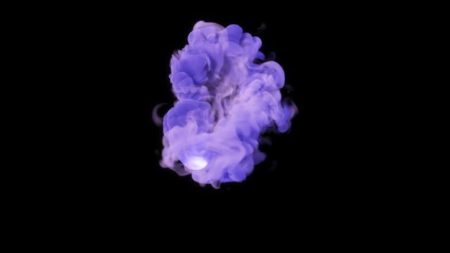 A glowing white ball rushes about on a black background and releases purple smoke. Purple firefly.